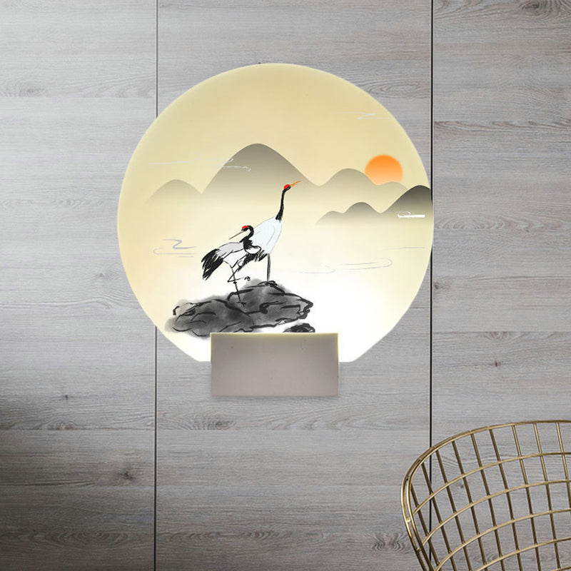 Chinese Style Rounded Acrylic Mural Light LED Wall Mounted Lamp in White with Mountain and Crane Design White Clearhalo 'Wall Lamps & Sconces' 'Wall Lights' Lighting' 1155274