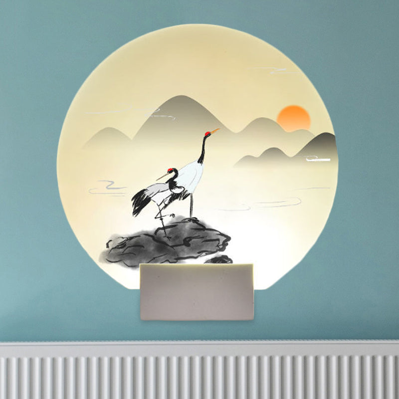 Chinese Style Rounded Acrylic Mural Light LED Wall Mounted Lamp in White with Mountain and Crane Design Clearhalo 'Wall Lamps & Sconces' 'Wall Lights' Lighting' 1155275