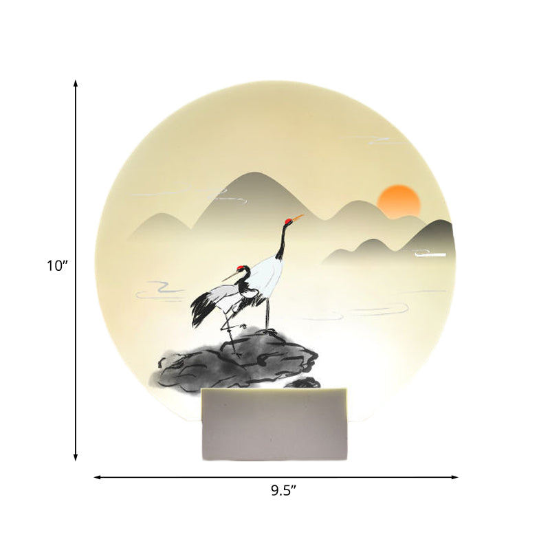 Chinese Style Rounded Acrylic Mural Light LED Wall Mounted Lamp in White with Mountain and Crane Design Clearhalo 'Wall Lamps & Sconces' 'Wall Lights' Lighting' 1155277