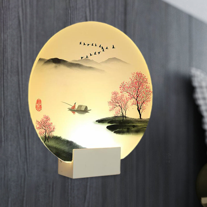 Round Hallway Mountain and Lake Mural Lamp Acrylic LED Chinese Wall Lighting Idea in White White Clearhalo 'Wall Lamps & Sconces' 'Wall Lights' Lighting' 1155278