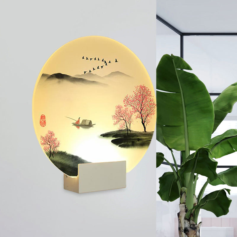 Round Hallway Mountain and Lake Mural Lamp Acrylic LED Chinese Wall Lighting Idea in White Clearhalo 'Wall Lamps & Sconces' 'Wall Lights' Lighting' 1155279