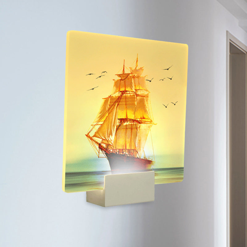 White Square Wall Mural Light Oriental Style LED Acrylic Sailing Boat and Sea Wall Lamp Clearhalo 'Wall Lamps & Sconces' 'Wall Lights' Lighting' 1155283