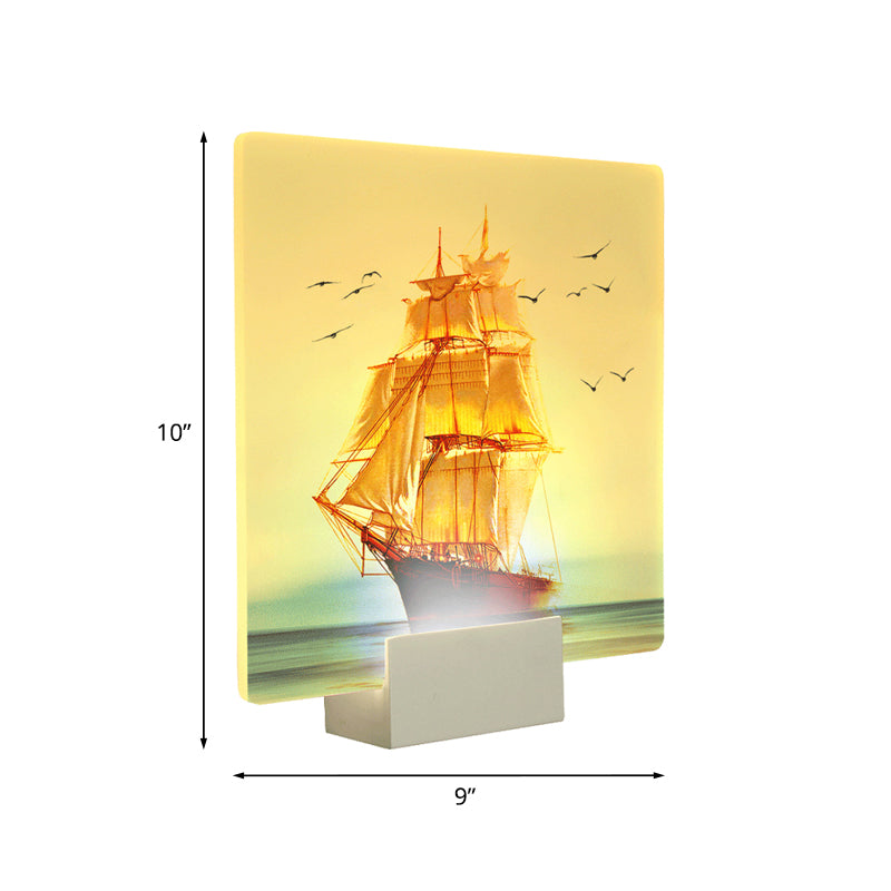 White Square Wall Mural Light Oriental Style LED Acrylic Sailing Boat and Sea Wall Lamp Clearhalo 'Wall Lamps & Sconces' 'Wall Lights' Lighting' 1155285