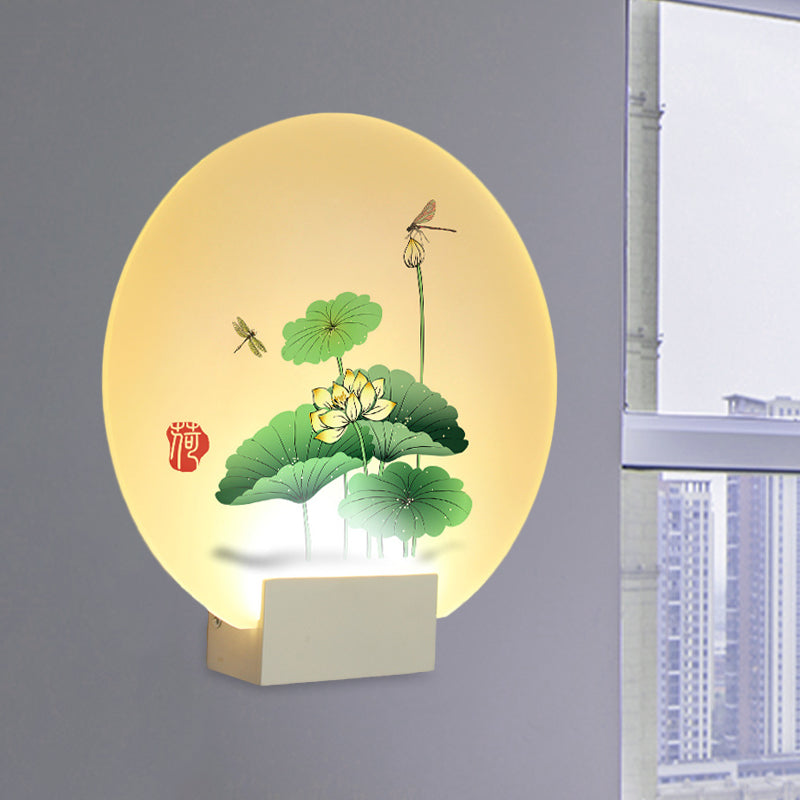 Asia Style Circular Wall Lighting Acrylic LED Wall Mural Light in White with Lotus Leaf and Dragonfly Pattern White Clearhalo 'Wall Lamps & Sconces' 'Wall Lights' Lighting' 1155286