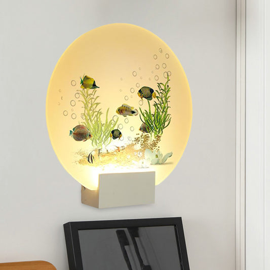 White Circular Wall Lighting Idea Oriental LED Acrylic Mural Light with Undersea Plants and Fish Design Clearhalo 'Wall Lamps & Sconces' 'Wall Lights' Lighting' 1155300