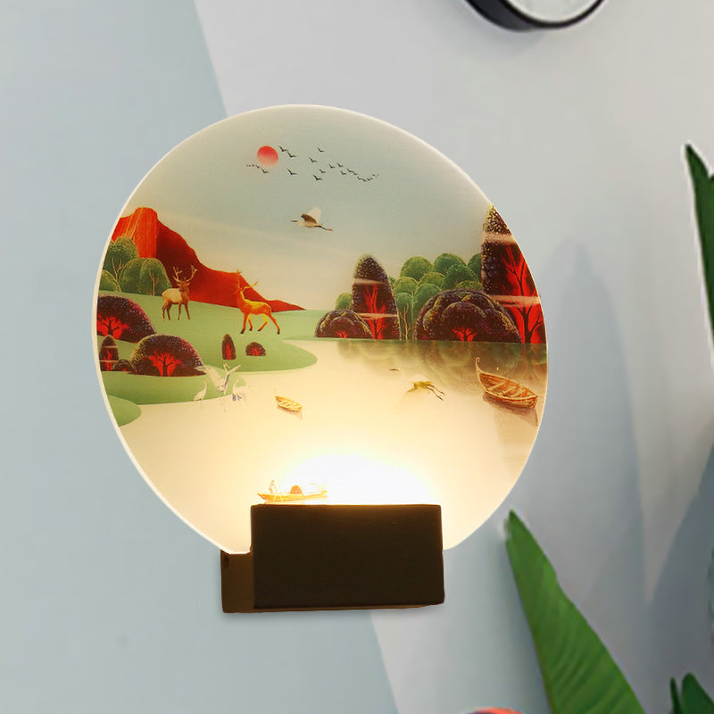 Black Circular Elk and Lake Mural Lamp Chinese Style LED Acrylic Wall Mounted Light Fixture Black Clearhalo 'Wall Lamps & Sconces' 'Wall Lights' Lighting' 1155341