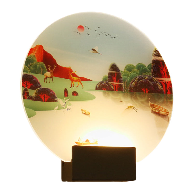 Black Circular Elk and Lake Mural Lamp Chinese Style LED Acrylic Wall Mounted Light Fixture Clearhalo 'Wall Lamps & Sconces' 'Wall Lights' Lighting' 1155343