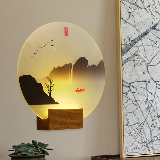 Circular Acrylic River and Mountain Mural Light Chinese Style LED Brown Wall Mount Light Fixture Clearhalo 'Wall Lamps & Sconces' 'Wall Lights' Lighting' 1155371