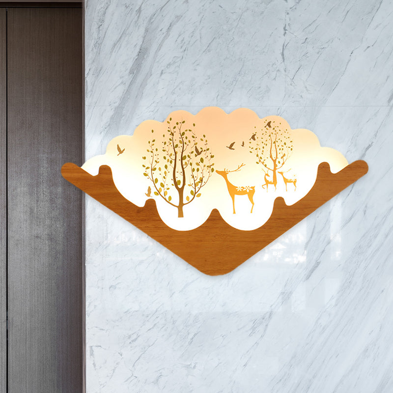 Acrylic Fan Shaped Wall Mounted Lamp Asia Style LED Wood Wall Mural Light with Elk Deer and Lake/Forest Pattern Wood B Clearhalo 'Wall Lamps & Sconces' 'Wall Lights' Lighting' 1155374