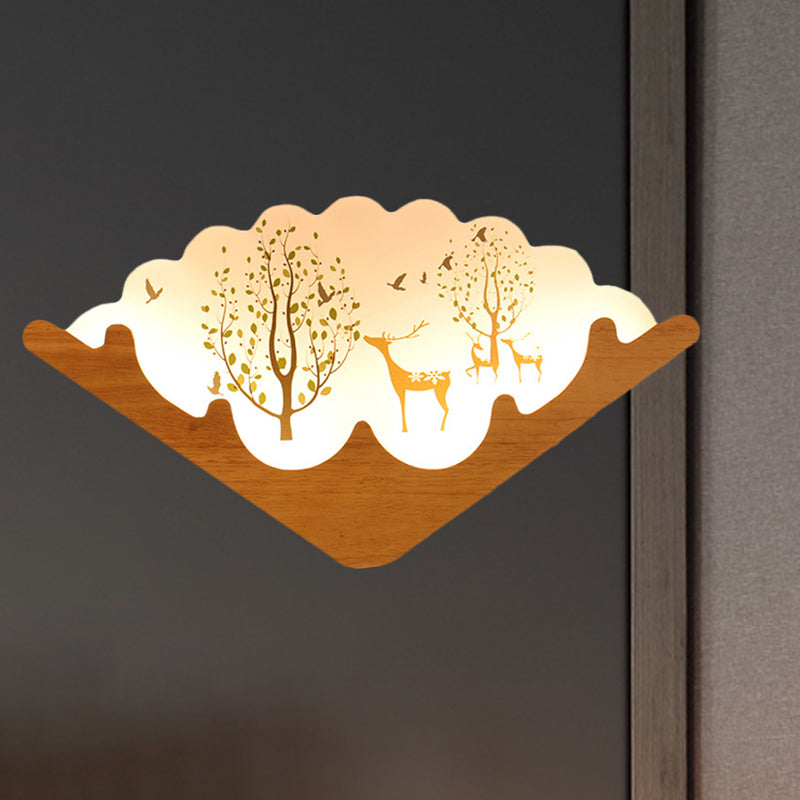 Acrylic Fan Shaped Wall Mounted Lamp Asia Style LED Wood Wall Mural Light with Elk Deer and Lake/Forest Pattern Clearhalo 'Wall Lamps & Sconces' 'Wall Lights' Lighting' 1155375