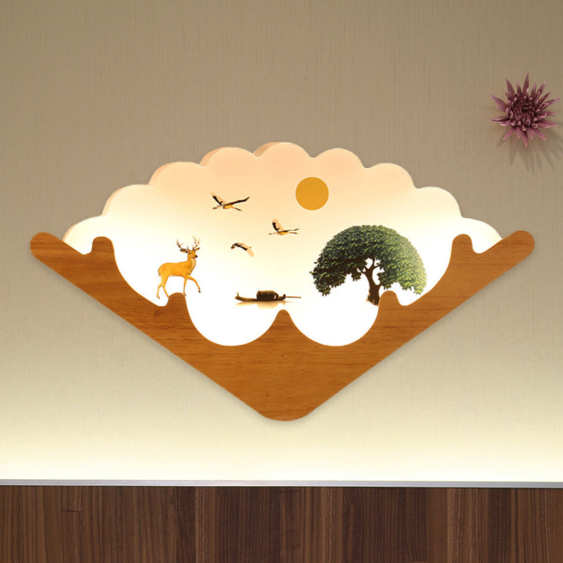 Acrylic Fan Shaped Wall Mounted Lamp Asia Style LED Wood Wall Mural Light with Elk Deer and Lake/Forest Pattern Wood A Clearhalo 'Wall Lamps & Sconces' 'Wall Lights' Lighting' 1155378