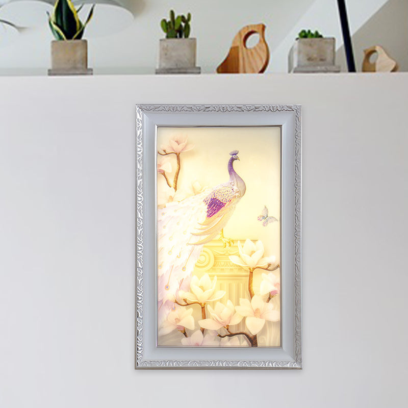 White and Pink Rectangle Mural Light Oriental Style LED Acrylic Wall Lamp with Peacock and Magnolia Design Clearhalo 'Wall Lamps & Sconces' 'Wall Lights' Lighting' 1155404