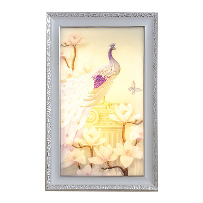 White and Pink Rectangle Mural Light Oriental Style LED Acrylic Wall Lamp with Peacock and Magnolia Design Clearhalo 'Wall Lamps & Sconces' 'Wall Lights' Lighting' 1155405