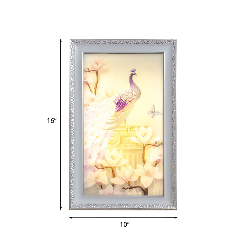 White and Pink Rectangle Mural Light Oriental Style LED Acrylic Wall Lamp with Peacock and Magnolia Design Clearhalo 'Wall Lamps & Sconces' 'Wall Lights' Lighting' 1155406