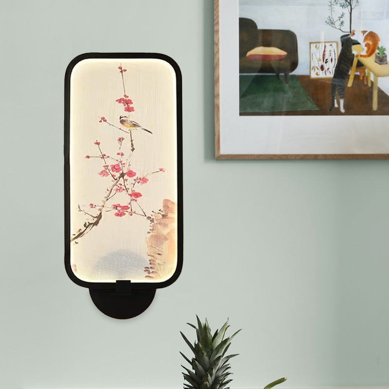 Rectangle Acrylic Plum and Bird Mural Light Chinese Style LED Black Wall Mounted Light Fixture Black Clearhalo 'Wall Lamps & Sconces' 'Wall Lights' Lighting' 1155407