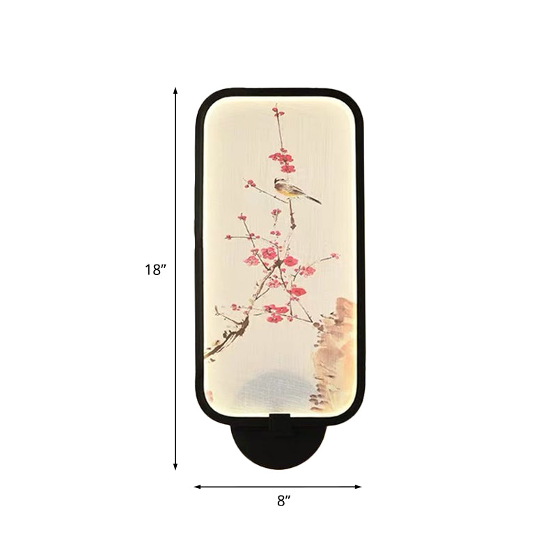 Rectangle Acrylic Plum and Bird Mural Light Chinese Style LED Black Wall Mounted Light Fixture Clearhalo 'Wall Lamps & Sconces' 'Wall Lights' Lighting' 1155410