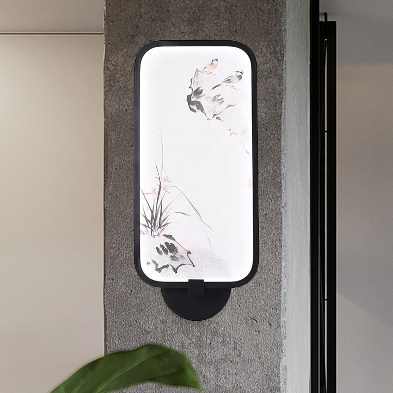 Acrylic Rectangle Wall Mural Light Chinese Style LED Black Wall Mounted Lamp with Bird Pattern Clearhalo 'Wall Lamps & Sconces' 'Wall Lights' Lighting' 1155420