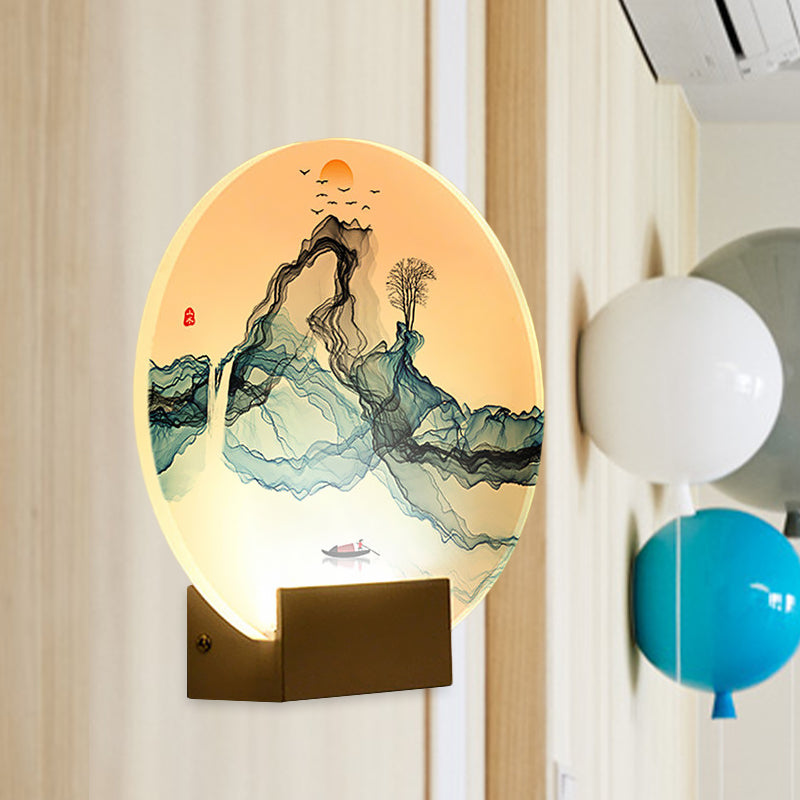 Blue Rounded Wall Mural Lamp Chinese Style LED Acrylic Wall Light Fixture with Mountain and Sun Pattern Clearhalo 'Wall Lamps & Sconces' 'Wall Lights' Lighting' 1155434