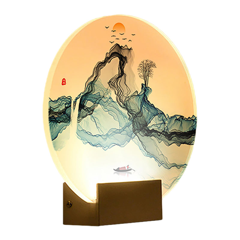 Blue Rounded Wall Mural Lamp Chinese Style LED Acrylic Wall Light Fixture with Mountain and Sun Pattern Clearhalo 'Wall Lamps & Sconces' 'Wall Lights' Lighting' 1155435