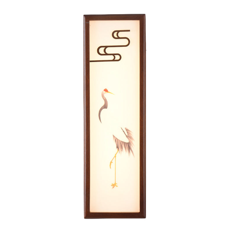 LED Bedside Wall Mounted Light Oriental Style Brown Crane Patterned Wall Mural Lamp with Rectangle Wood Frame Clearhalo 'Wall Lamps & Sconces' 'Wall Lights' Lighting' 1155439