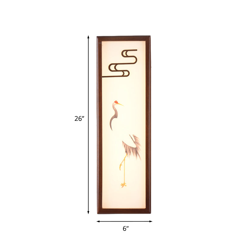 LED Bedside Wall Mounted Light Oriental Style Brown Crane Patterned Wall Mural Lamp with Rectangle Wood Frame Clearhalo 'Wall Lamps & Sconces' 'Wall Lights' Lighting' 1155440