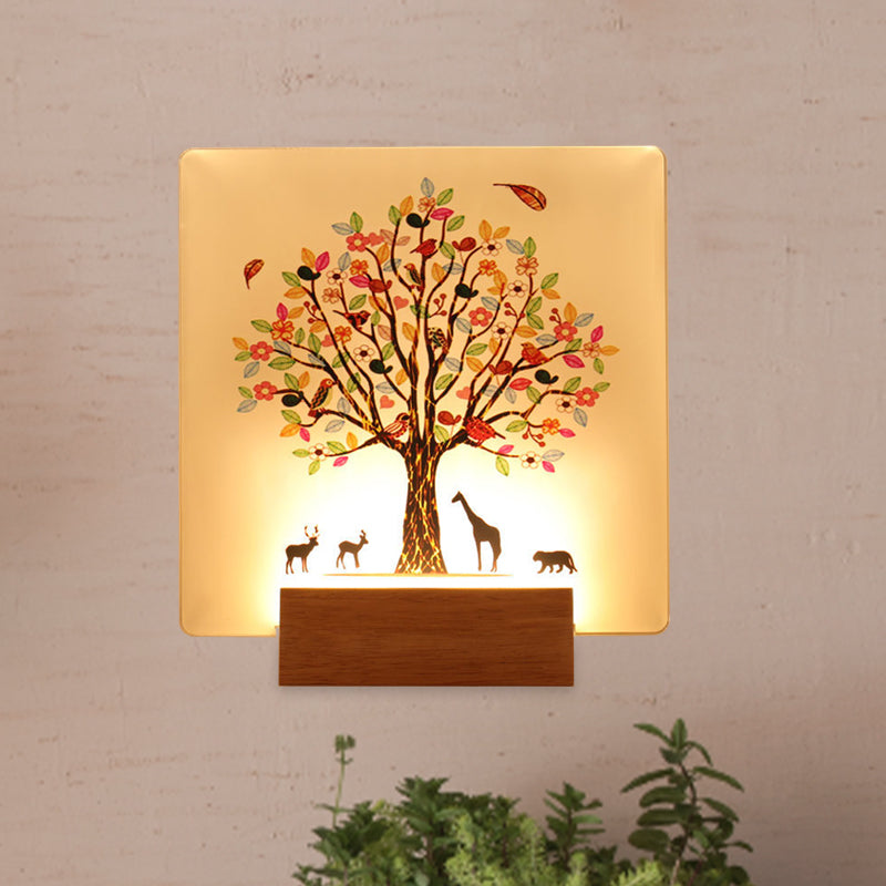 Wood Square Tree and Animal Wall Mural Light Chinese Style LED Acrylic Wall Lighting Fixture Clearhalo 'Wall Lamps & Sconces' 'Wall Lights' Lighting' 1155442