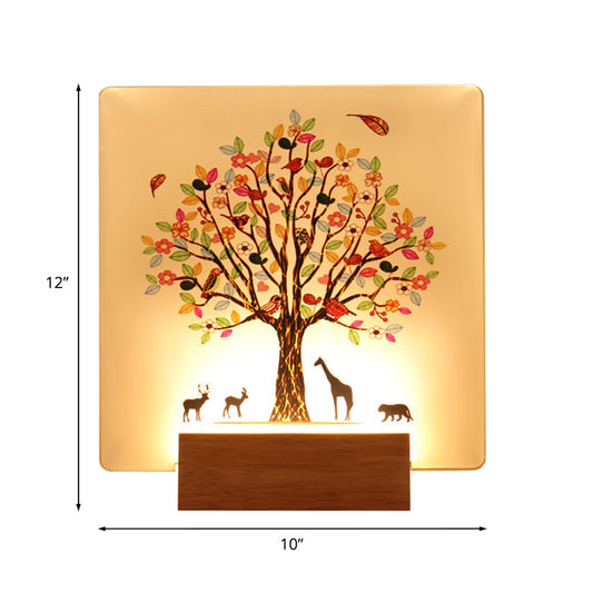 Wood Square Tree and Animal Wall Mural Light Chinese Style LED Acrylic Wall Lighting Fixture Clearhalo 'Wall Lamps & Sconces' 'Wall Lights' Lighting' 1155444