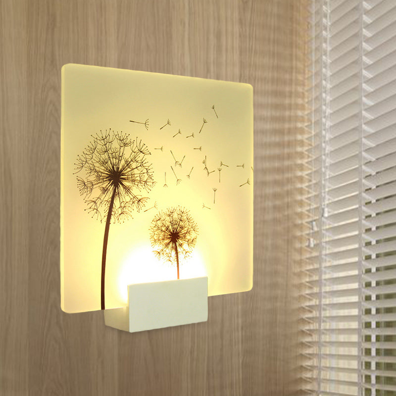 Chinese Square Acrylic Wall Mural Lamp LED Wall Mount Light Fixture in White with Dandelion Pattern White Clearhalo 'Wall Lamps & Sconces' 'Wall Lights' Lighting' 1155453