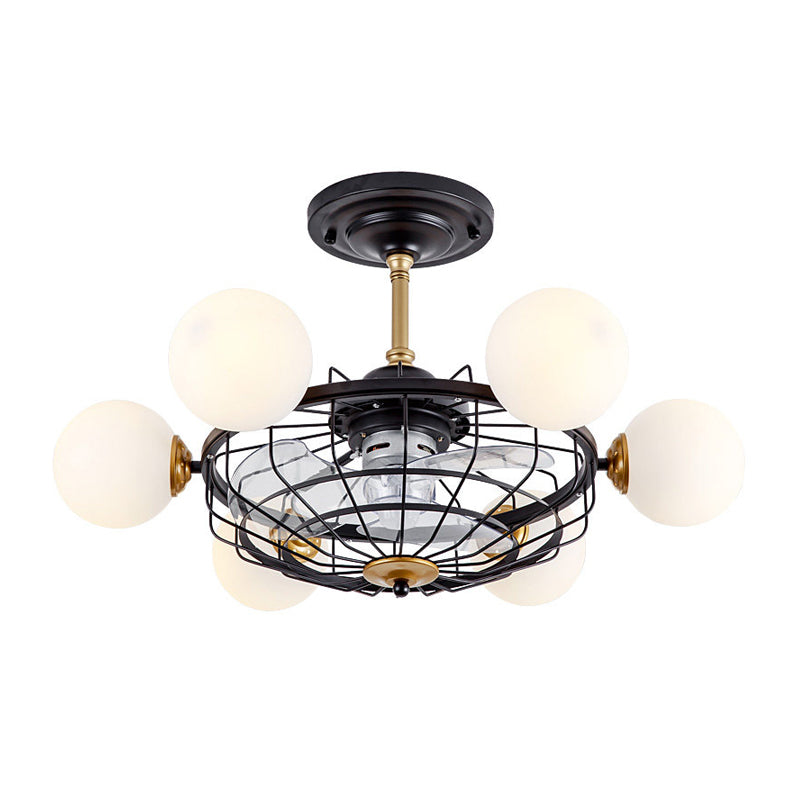 Cream Glass Ball Semi Flush Mount Light Contemporary 6-Head 29.5" W Ceiling Fan Lamp with Black Cage, 3-Blade Clearhalo 'Ceiling Fans with Lights' 'Ceiling Fans' 'Modern Ceiling Fans' 'Modern' Lighting' 1155494