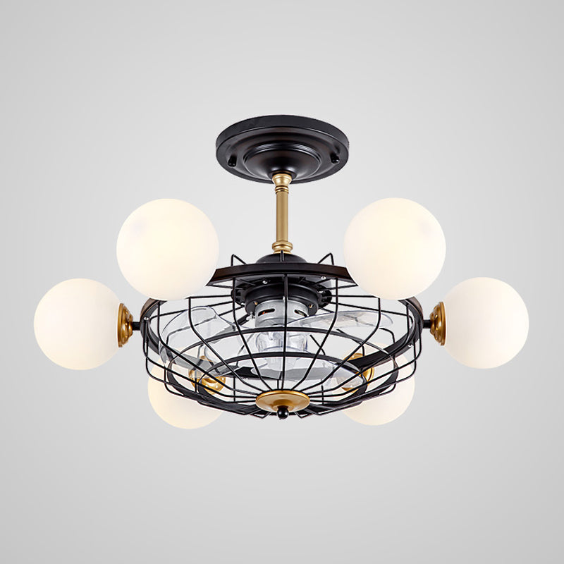 Cream Glass Ball Semi Flush Mount Light Contemporary 6-Head 29.5" W Ceiling Fan Lamp with Black Cage, 3-Blade Clearhalo 'Ceiling Fans with Lights' 'Ceiling Fans' 'Modern Ceiling Fans' 'Modern' Lighting' 1155495