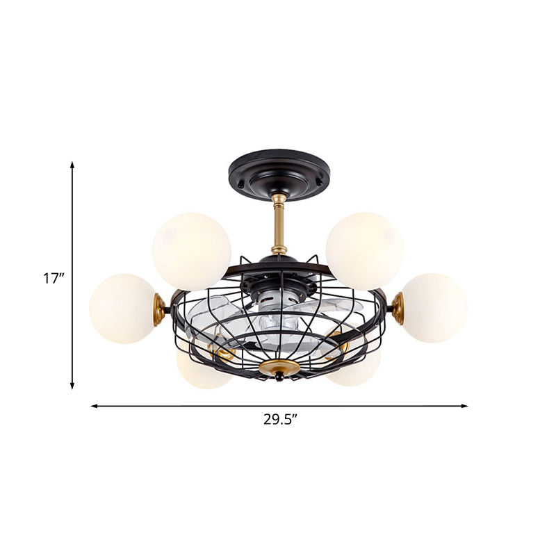 Cream Glass Ball Semi Flush Mount Light Contemporary 6-Head 29.5" W Ceiling Fan Lamp with Black Cage, 3-Blade Clearhalo 'Ceiling Fans with Lights' 'Ceiling Fans' 'Modern Ceiling Fans' 'Modern' Lighting' 1155496