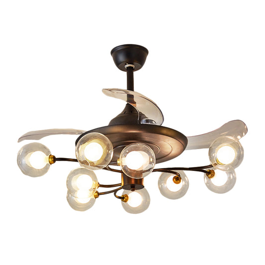 Branching Semi Flush Chandelier Rustic Clear Ball Glass 9-Bulb Black Fan Lighting with 3 Blades, 25.5" Width Clearhalo 'Ceiling Fans with Lights' 'Ceiling Fans' 'Modern Ceiling Fans' 'Modern' Lighting' 1155502