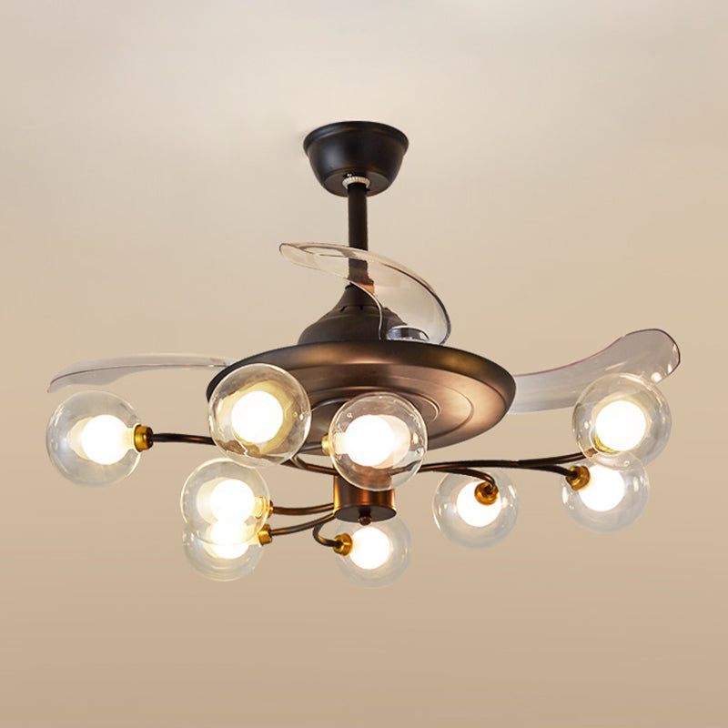 Branching Semi Flush Chandelier Rustic Clear Ball Glass 9-Bulb Black Fan Lighting with 3 Blades, 25.5" Width Clearhalo 'Ceiling Fans with Lights' 'Ceiling Fans' 'Modern Ceiling Fans' 'Modern' Lighting' 1155503