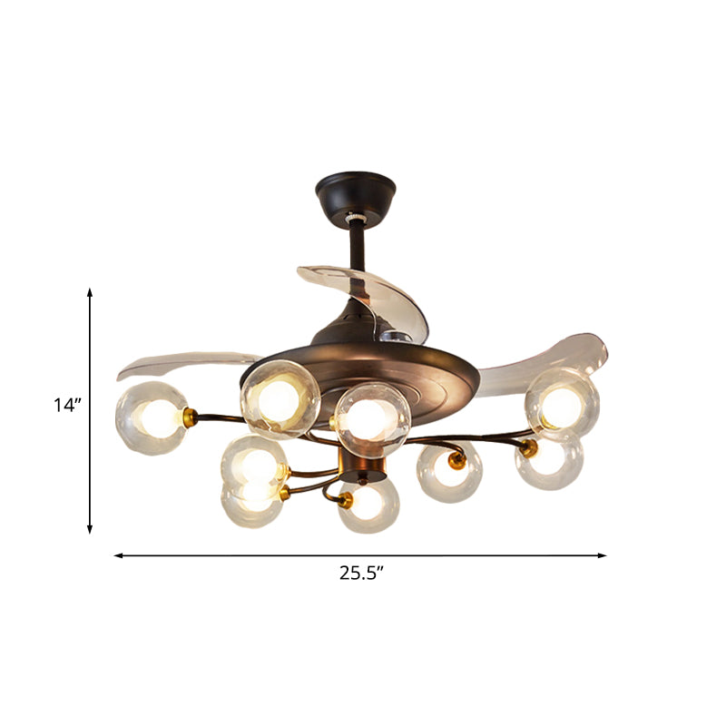 Branching Semi Flush Chandelier Rustic Clear Ball Glass 9-Bulb Black Fan Lighting with 3 Blades, 25.5" Width Clearhalo 'Ceiling Fans with Lights' 'Ceiling Fans' 'Modern Ceiling Fans' 'Modern' Lighting' 1155504