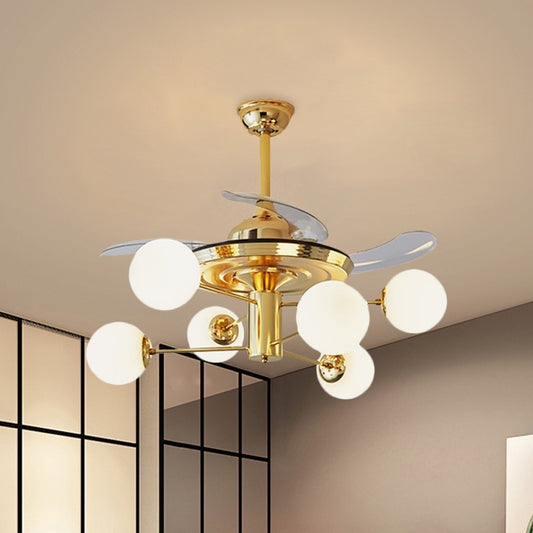 Postmodern 3 Blades Burst Arm Fan Light Milk Glass 6 Heads Living Room Semi Flush Mount Chandelier in Gold, 38" Wide Gold Clearhalo 'Ceiling Fans with Lights' 'Ceiling Fans' 'Modern Ceiling Fans' 'Modern' Lighting' 1155505