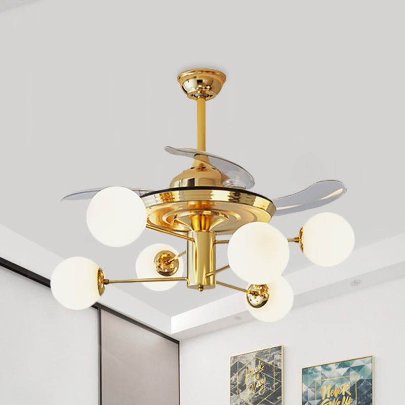 Postmodern 3 Blades Burst Arm Fan Light Milk Glass 6 Heads Living Room Semi Flush Mount Chandelier in Gold, 38" Wide Clearhalo 'Ceiling Fans with Lights' 'Ceiling Fans' 'Modern Ceiling Fans' 'Modern' Lighting' 1155506