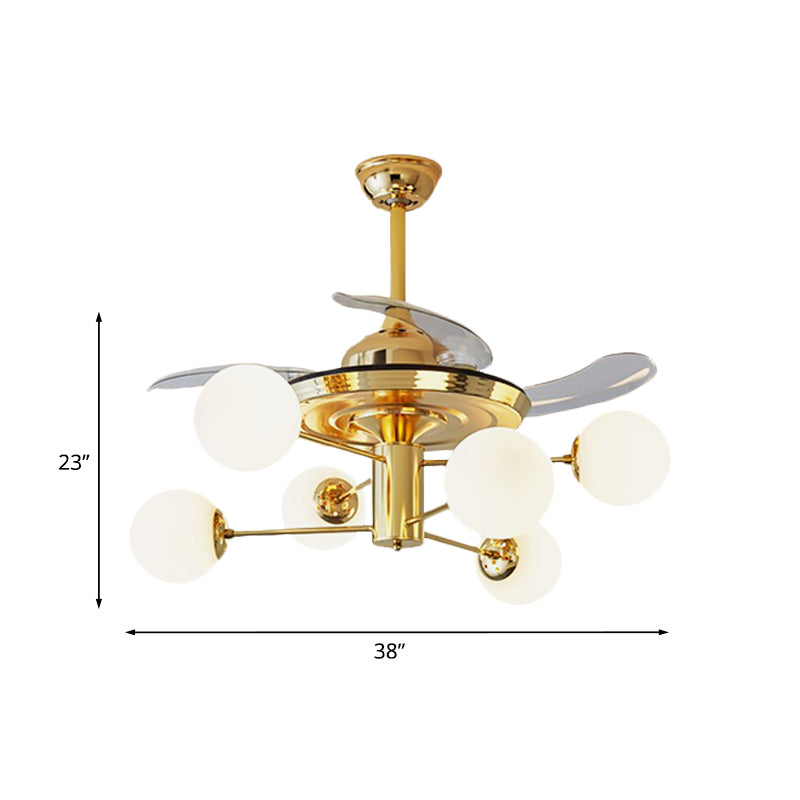 Postmodern 3 Blades Burst Arm Fan Light Milk Glass 6 Heads Living Room Semi Flush Mount Chandelier in Gold, 38" Wide Clearhalo 'Ceiling Fans with Lights' 'Ceiling Fans' 'Modern Ceiling Fans' 'Modern' Lighting' 1155508