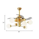 Postmodern 3 Blades Burst Arm Fan Light Milk Glass 6 Heads Living Room Semi Flush Mount Chandelier in Gold, 38" Wide Clearhalo 'Ceiling Fans with Lights' 'Ceiling Fans' 'Modern Ceiling Fans' 'Modern' Lighting' 1155508