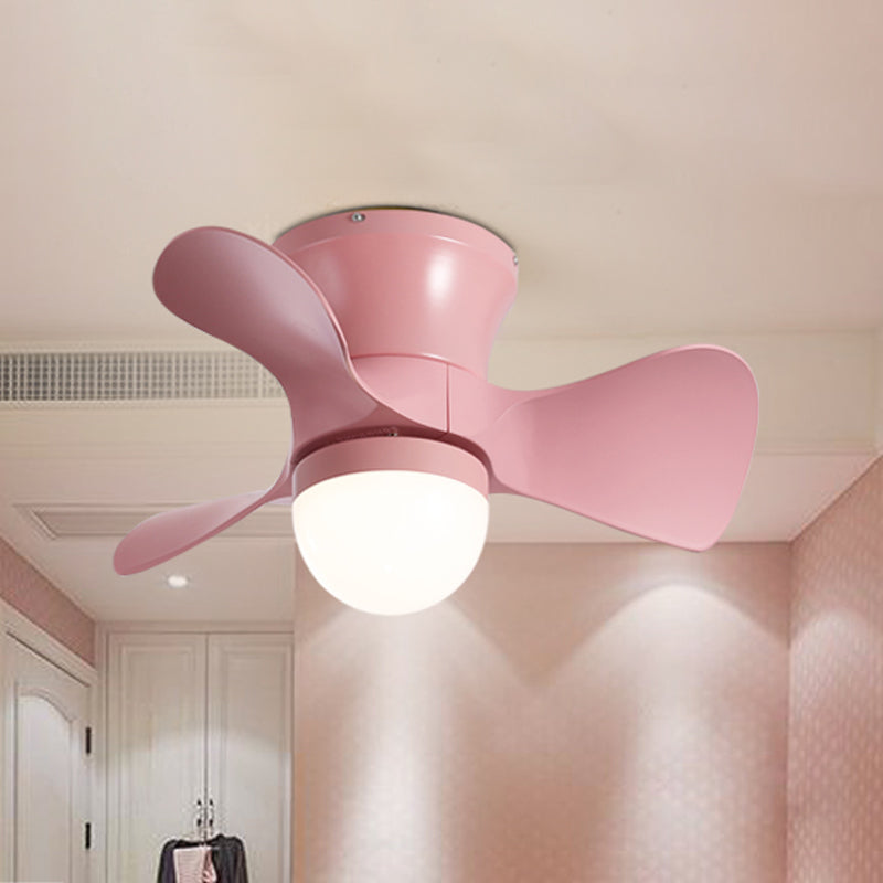 Kids Dome Flush Mount Ceiling Fan Light Metallic 3-Blade Bedroom LED Flushmount in Pink/Blue, 23.5" Wide Pink Clearhalo 'Ceiling Fans with Lights' 'Ceiling Fans' 'Modern Ceiling Fans' 'Modern' Lighting' 1155513