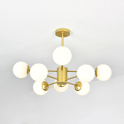 Gold Sputnik Chandelier Modern 6/8/12 Lights Amber/Blue/White Glass Hanging Lamp for Living Room 8 White Clearhalo 'Ceiling Lights' 'Chandeliers' 'Glass shade' 'Glass' 'Modern Chandeliers' 'Modern' Lighting' 115575