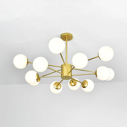 Gold Sputnik Chandelier Modern 6/8/12 Lights Amber/Blue/White Glass Hanging Lamp for Living Room 12 White Clearhalo 'Ceiling Lights' 'Chandeliers' 'Glass shade' 'Glass' 'Modern Chandeliers' 'Modern' Lighting' 115576