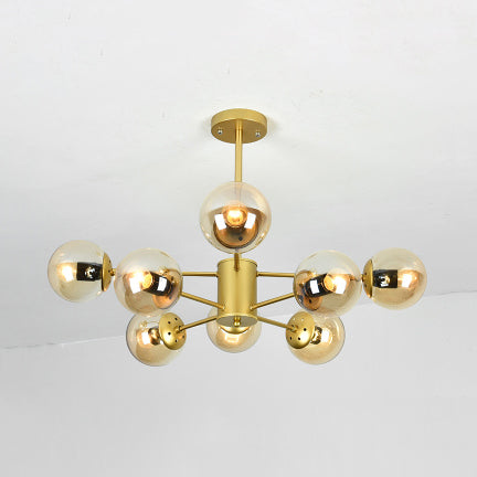 Gold Sputnik Chandelier Modern 6/8/12 Lights Amber/Blue/White Glass Hanging Lamp for Living Room 8 Amber Clearhalo 'Ceiling Lights' 'Chandeliers' 'Glass shade' 'Glass' 'Modern Chandeliers' 'Modern' Lighting' 115579