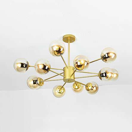 Gold Sputnik Chandelier Modern 6/8/12 Lights Amber/Blue/White Glass Hanging Lamp for Living Room 12 Amber Clearhalo 'Ceiling Lights' 'Chandeliers' 'Glass shade' 'Glass' 'Modern Chandeliers' 'Modern' Lighting' 115580