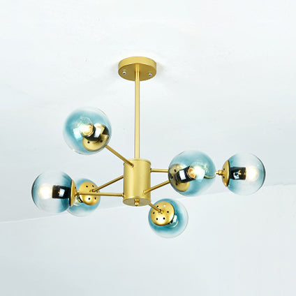 Gold Sputnik Chandelier Modern 6/8/12 Lights Amber/Blue/White Glass Hanging Lamp for Living Room 6 Blue Clearhalo 'Ceiling Lights' 'Chandeliers' 'Glass shade' 'Glass' 'Modern Chandeliers' 'Modern' Lighting' 115581