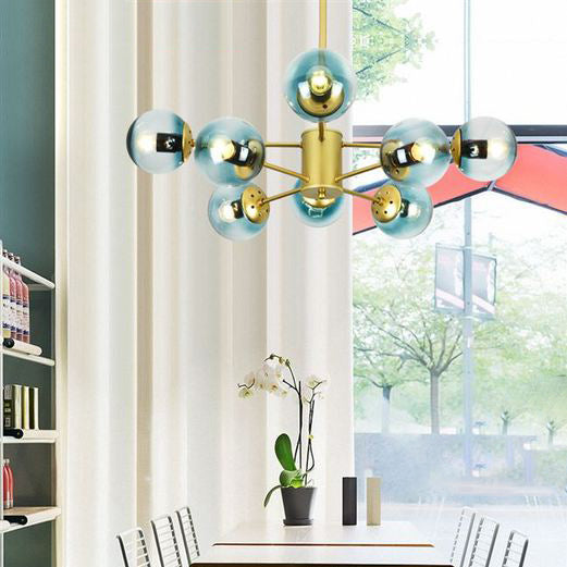 Gold Sputnik Chandelier Modern 6/8/12 Lights Amber/Blue/White Glass Hanging Lamp for Living Room 8 Blue Clearhalo 'Ceiling Lights' 'Chandeliers' 'Glass shade' 'Glass' 'Modern Chandeliers' 'Modern' Lighting' 115582