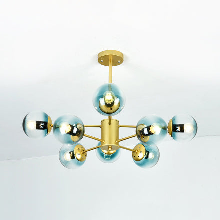 Gold Sputnik Chandelier Modern 6/8/12 Lights Amber/Blue/White Glass Hanging Lamp for Living Room Clearhalo 'Ceiling Lights' 'Chandeliers' 'Glass shade' 'Glass' 'Modern Chandeliers' 'Modern' Lighting' 115583