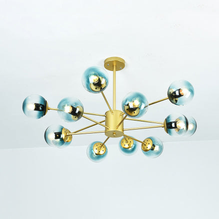 Gold Sputnik Chandelier Modern 6/8/12 Lights Amber/Blue/White Glass Hanging Lamp for Living Room 12 Blue Clearhalo 'Ceiling Lights' 'Chandeliers' 'Glass shade' 'Glass' 'Modern Chandeliers' 'Modern' Lighting' 115584