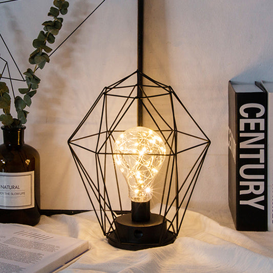 1 Head Barrel/Diamond Table Lamp with Cage Shade Loft Stylish Black Metal Small Table Lamp for Bedside Clearhalo 'Lamps' 'Table Lamps' Lighting' 1158608