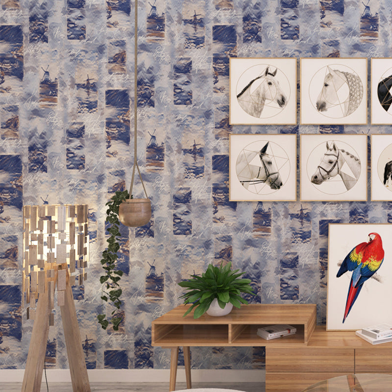 Art Dark Blue Non-Woven Wallpaper Textured Ship and Script Print Unpasted Wall Decor Clearhalo 'Wall Decor' 'Wallpaper' 1169996