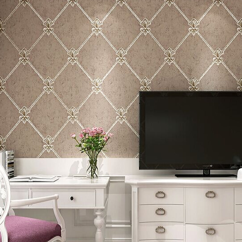 Lattice and Fleur De Lis Wallpaper Modern Moisture Resistant Bedroom Wall Covering, 57.1-sq ft Dark Coffee Clearhalo 'Modern wall decor' 'Modern' 'Wallpaper' Wall Decor' 1170461